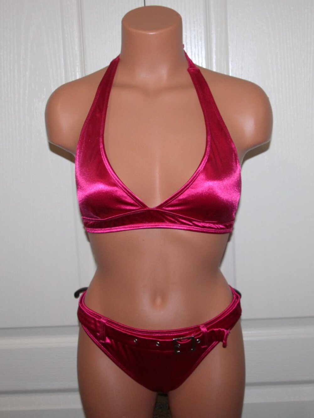 LN! Hot Pink Satin Sheen MED Triangle Halter Bikini Top w/SMALL Belted Bottoms